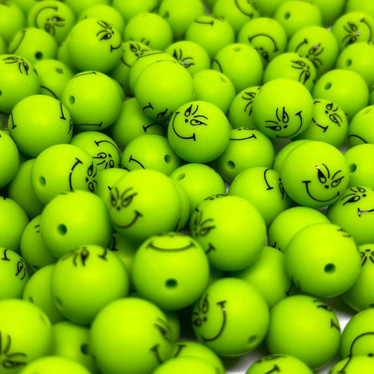 {Green Christmas Guy} 10 ct Printed Silicone Round Beads 15mm for Pens/Keychains/wristlets/car charms/and more