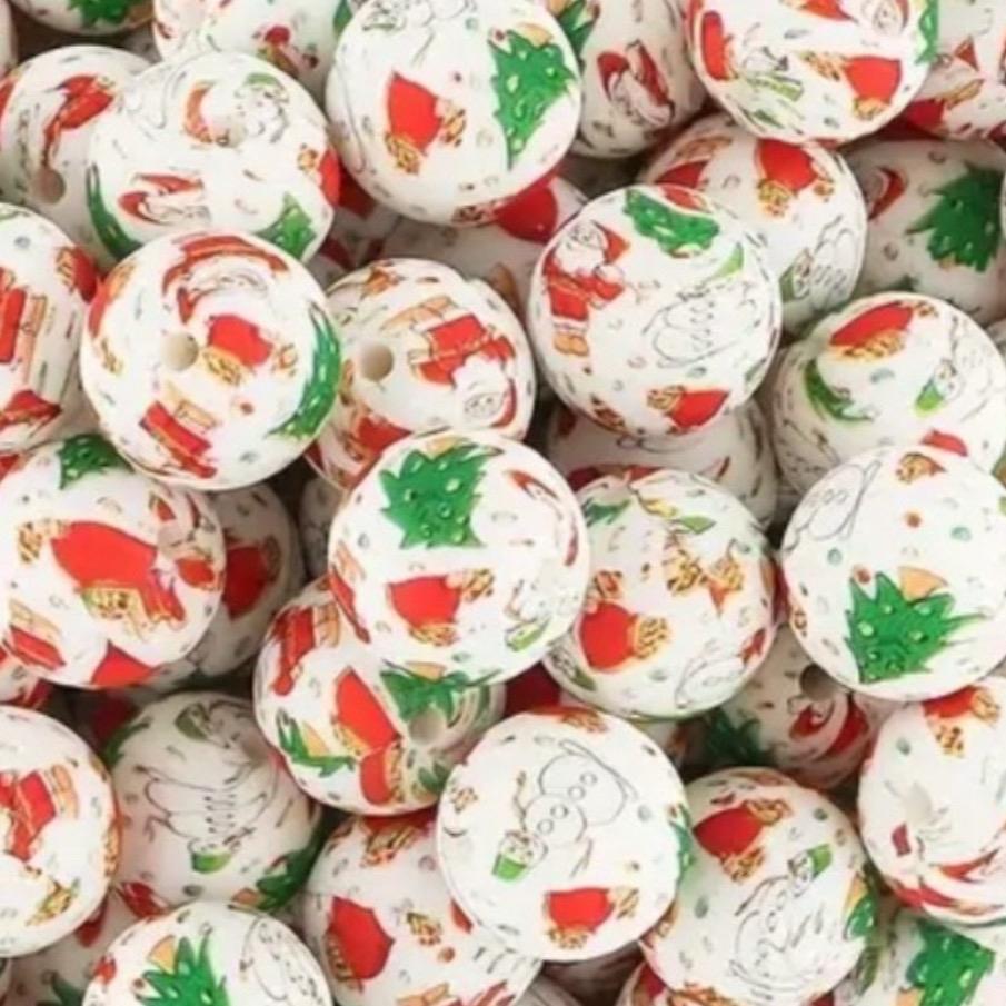 10 ct Christmas Printed Silicone Round Beads 15mm for Pens/Keychains/wristlets/car charms/and more