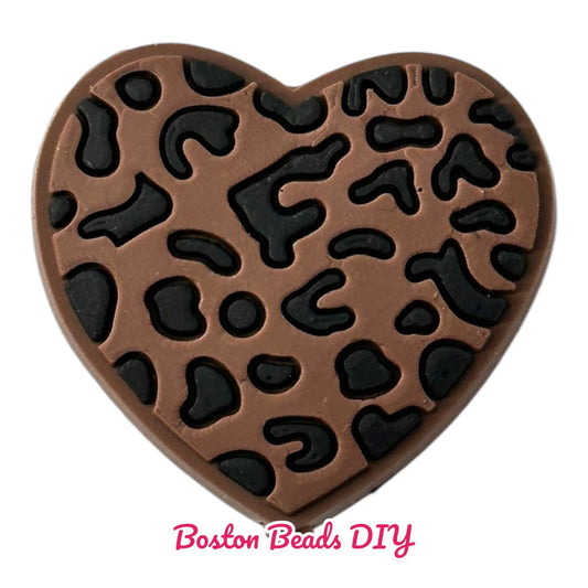 Heart Brown Cow Print Focal Beads (Sold per set of 5)