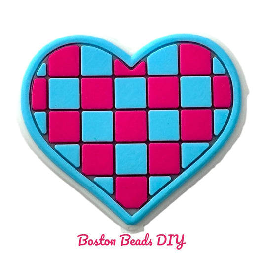 Heart Checkers Blue and Pink Focal Beads (Sold per set of 5)